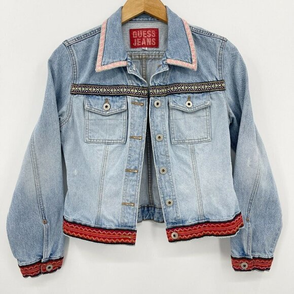 Guess Vintage 80s Denim Jean Jacket Tribal Embroidered Trim USA Made - Picture 2 of 12